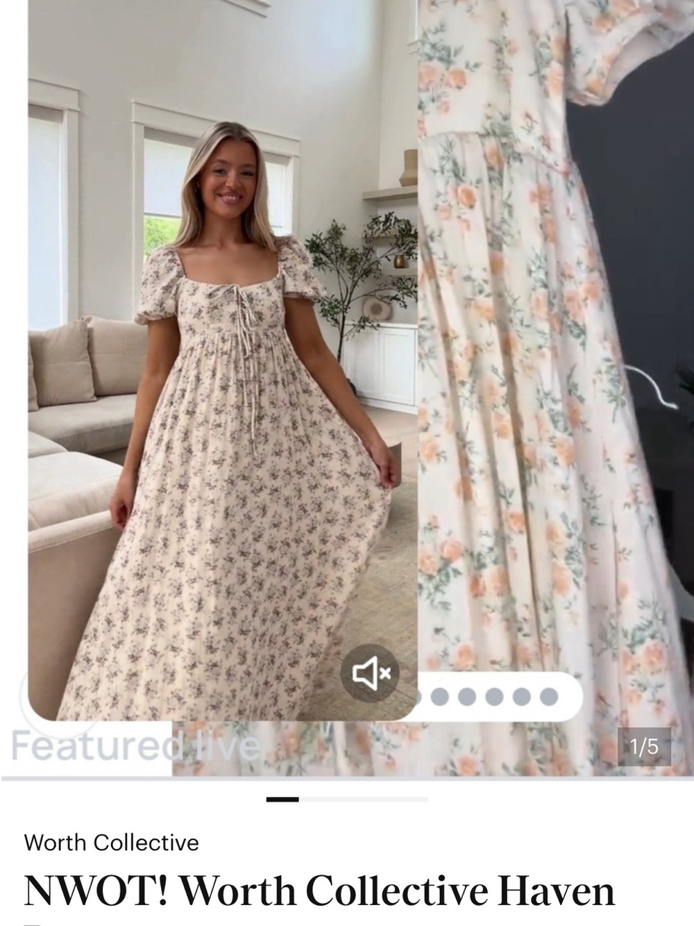 NWT! Worth Collective Haven Dress Cream Floral Puff Sleeve Maxi Dress